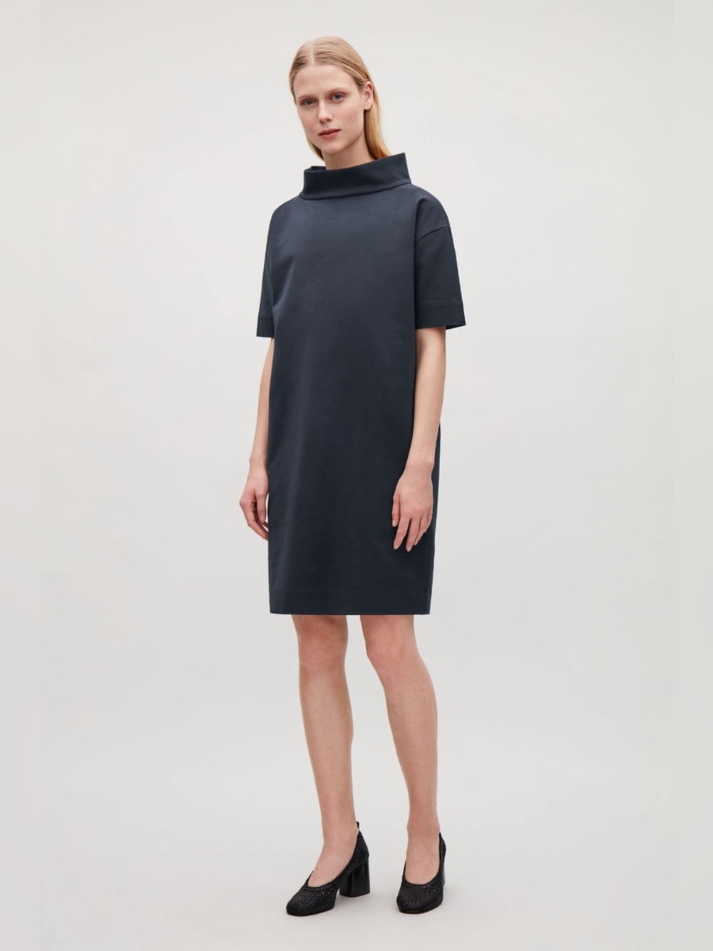 COS Folded Roll Collar  mock neck minimal neutral mod Navy shift Dress 6